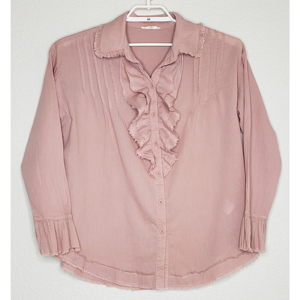 Easel Boho‎ Ruffle Button Front Top Womens Size Medium Pale Pink Long Sleeve